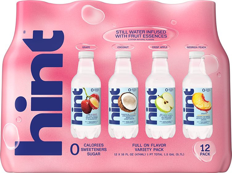 12-pack of Hint flavored still water with grape, coconut, crisp apple, and Georgia peach varieties in pink packaging