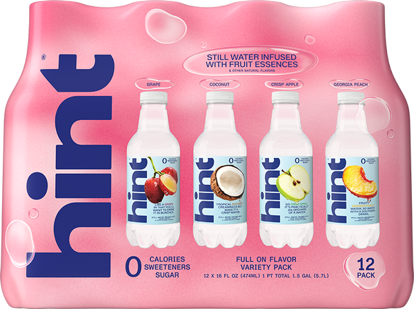12-pack of Hint Water variety pack with grape, coconut, crisp apple, and Georgia peach flavors