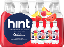 Pack of 12 Hint water bottles with fruit essence flavors: strawberry lemon, watermelon, peach, raspberry, no calories or sweeteners.