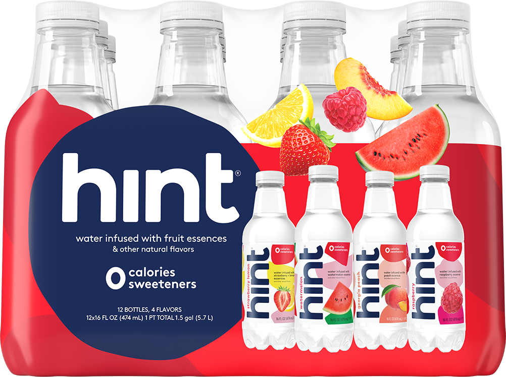 Pack of 12 Hint water bottles with fruit essence flavors: strawberry lemon, watermelon, peach, raspberry, no calories or sweeteners.