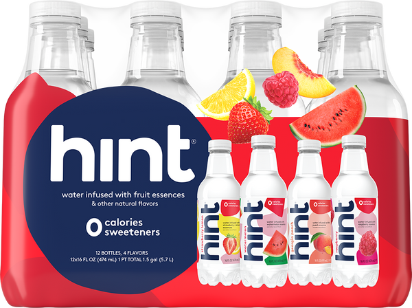 Pack of 12 Hint water bottles with fruit essence flavors: strawberry lemon, watermelon, peach, raspberry, no calories or sweeteners.