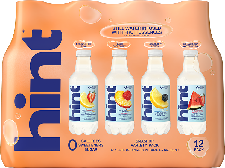 12-pack of Hint Water Smashup Variety featuring Strawberry Lemon, Peach Raspberry, Blueberry Lemon, and Strawberry Watermelon flavors