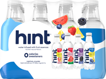 Pack of hint water bottles with fruit essences, featuring flavors strawberry lemon, watermelon, blackberry, and blueberry lemon
