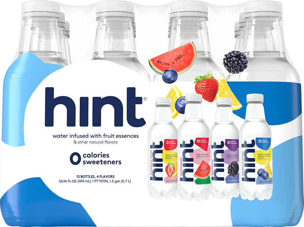 Pack of hint water bottles with fruit essences, featuring flavors strawberry lemon, watermelon, blackberry, and blueberry lemon