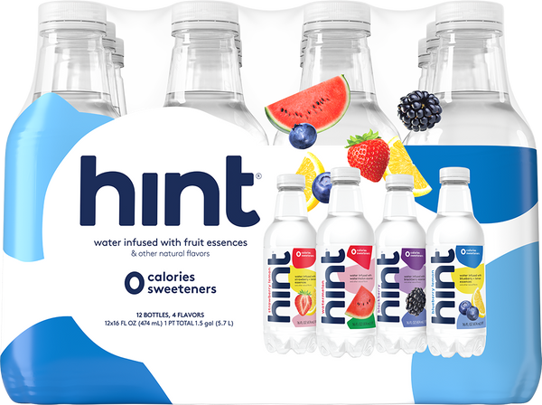 Pack of hint water bottles with fruit essences, featuring flavors strawberry lemon, watermelon, blackberry, and blueberry lemon