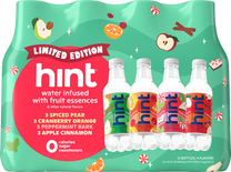 Pack of 12 Hint limited edition water bottles in four flavors: spiced pear, cranberry orange, peppermint bark, and apple cinnamon
