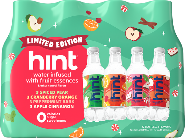 Pack of 12 Hint limited edition water bottles in four flavors: spiced pear, cranberry orange, peppermint bark, and apple cinnamon
